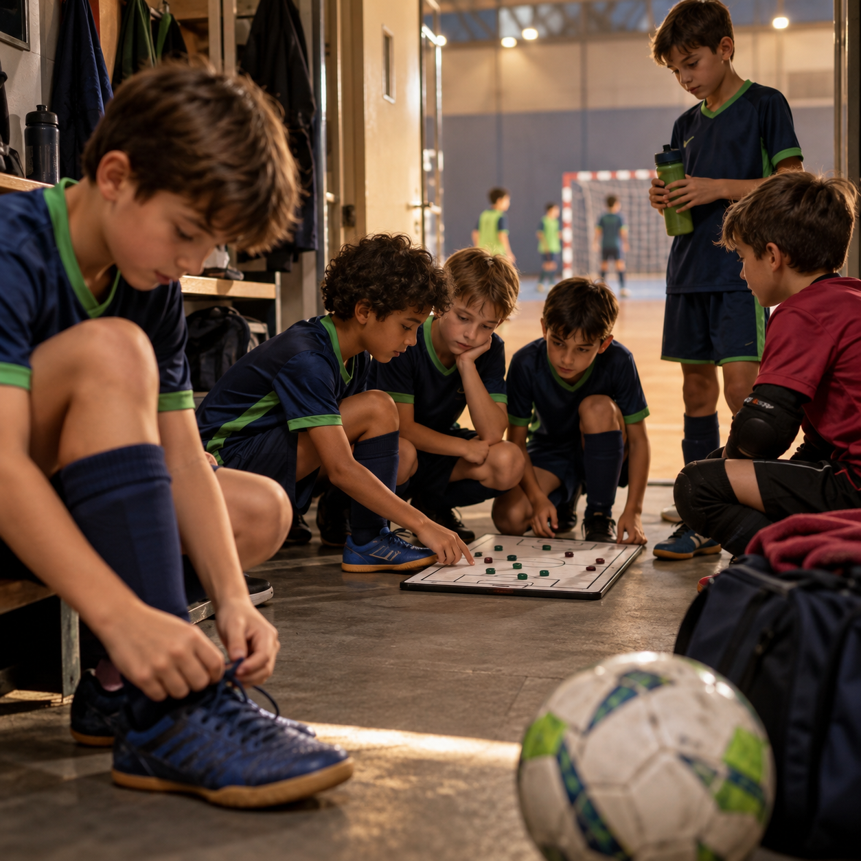 Crianças se reúnem ao redor de uma prancheta antes do jogo