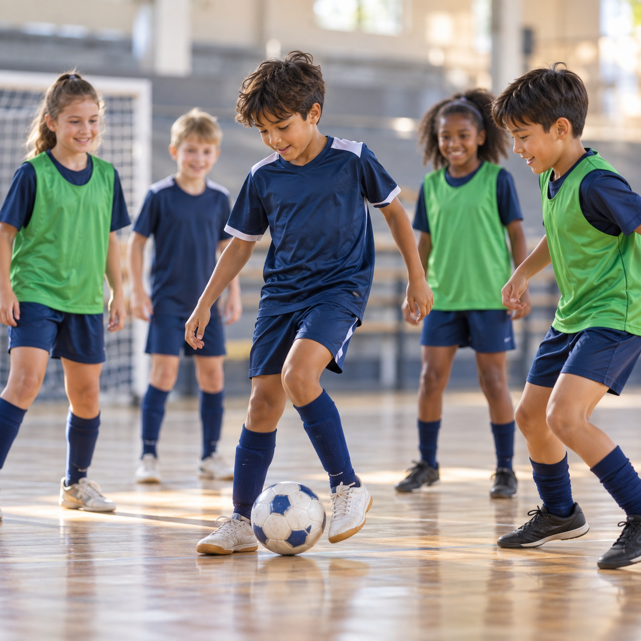 Crianças treinam futsal em uma quadra iluminada